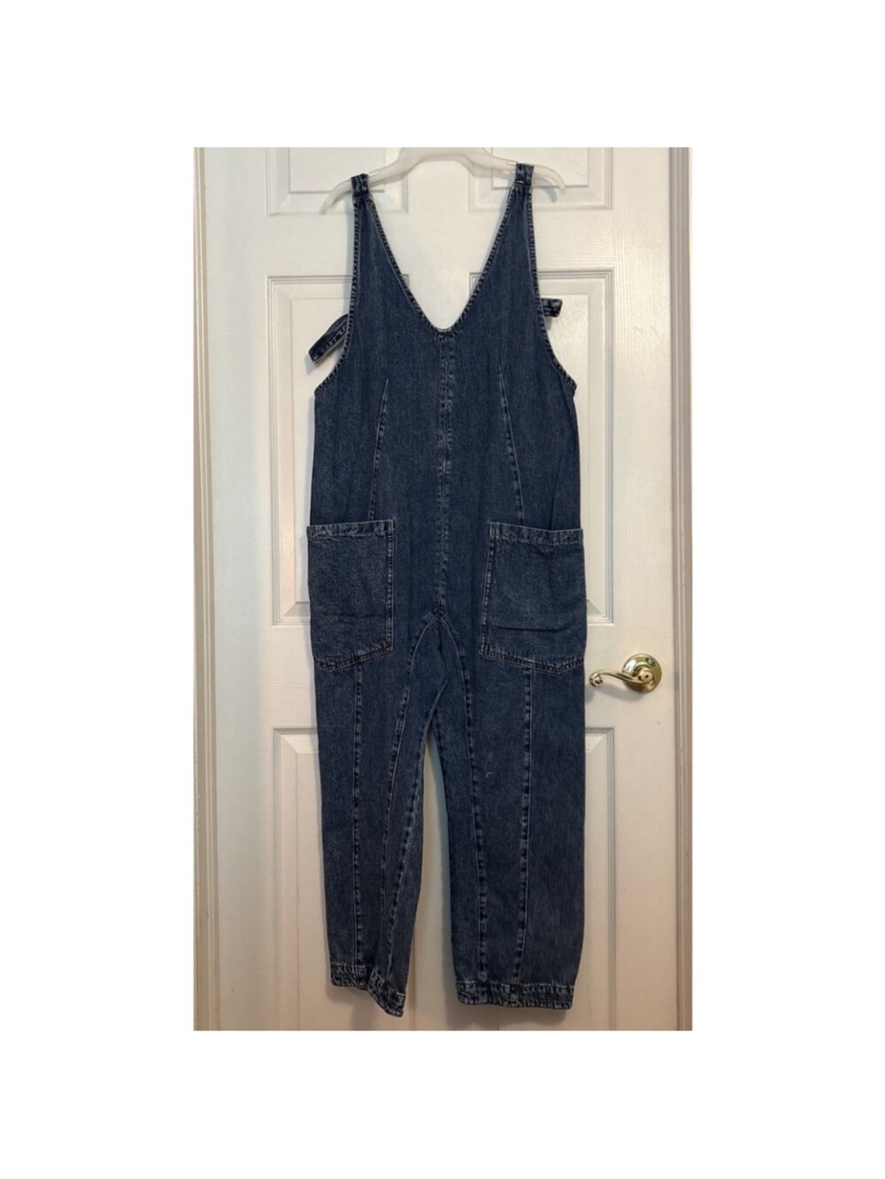 Free People We The Free High Roller denim overalls jumpsuit pockets scoop neck L - Picture 6 of 11